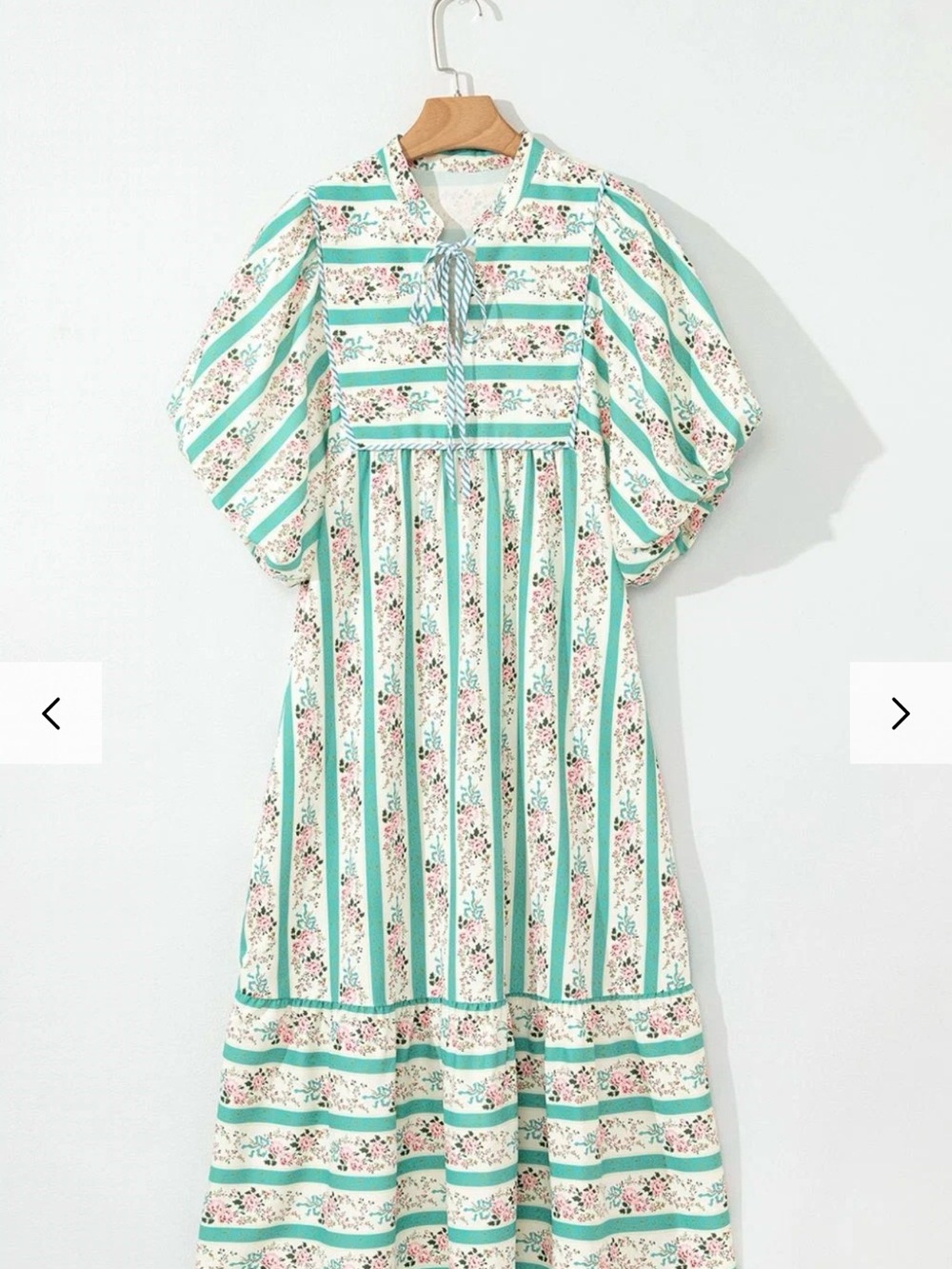 Striped Teal & White Floral Maxi Dress with Puff Sleeves - Picture 6 of 13